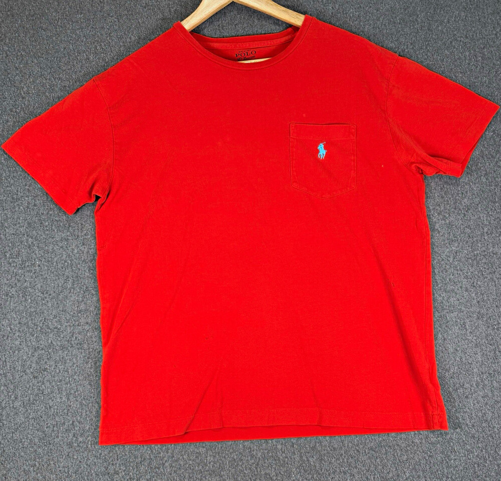 Polo Ralph Lauren Mens Small Red Cotton Pocket T Shirt Blue Pony Logo READ
